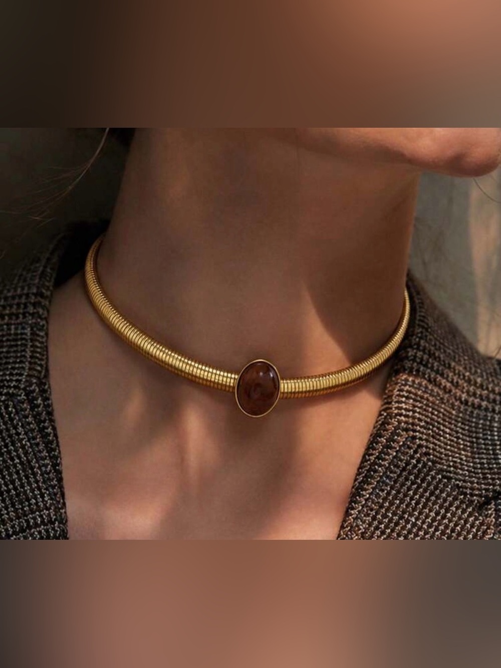 Gold Snake Chain Choker with Brown Stone Pendant